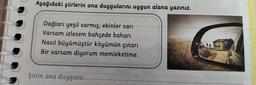 Aşağıdaki şiirlerin ana duygularını uygun alana yazınız.
Dağları yeşil sarmış, ekinler sarı
Varsam izlesem bahçede bahari
Nasıl büyümüştür köyümün çınari
Bir varsam diyorum memleketime.
Şiirin ana duygusu:
