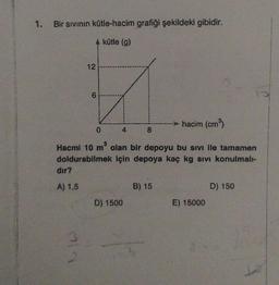 Bir sivinin kütle-hacim grafiği şekildeki gibidir.
A kütle (g)
12
6
hacim (cm3)
0
4
8
Hacmi 10 m olan bir depoyu bu sivi ile tamamen
doldurabilmek için depoya kaç kg sivi konulmal-
dir?
A) 1,5
B) 15
D) 150
D) 1500
E) 15000
