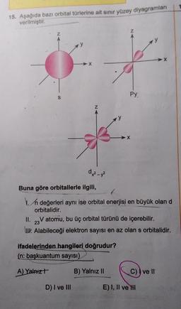 1
15. Aşağıda bazı orbital türlerine ait sınır yüzey diyagramları
verilmiştir.
Z
X
Py,
S
Z
X
dx² - y²
Buna göre orbitallerle ilgili,
In değerleri aynı ise orbital enerjisi en büyük olan d
orbitalidir.
II. 23 V atomu, bu üç orbital türünü de içerebilir.
UP. Alabileceği elektron sayısı en az olan s orbitalidir.
ifadelerinden hangileri doğrudur?
(n: başkuantum sayısı)
A) Yalnızt
B) Yalnız II
C) ve Il
D) I ve III
E) I, II ve 11
