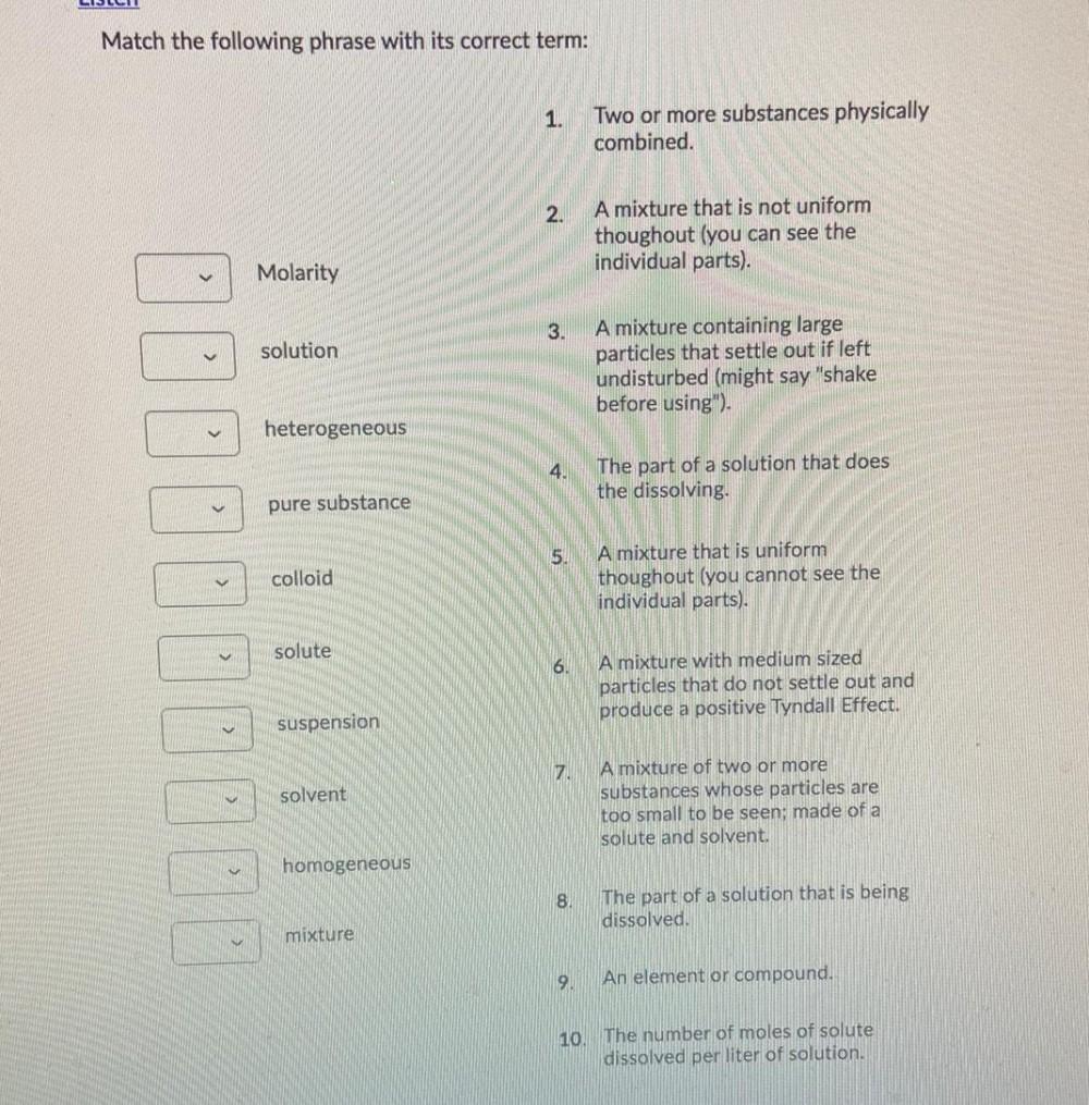Match The Following Phrase With Its Corre Physical Chemistry