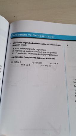 Fotosentez
ve Kemosentez-II
1. Mitokondri organelinde elektron aktarımı sırasında açı-
ğa çıkan enerji,
3.
I. ADP molekülüne fosfat bağlanması
II. Hidrojen ve oksijenin birleşerek suyu oluşturması
III. H iyonlarının zarlar arası boşluğa pompalanması
olaylarından hangilerinde doğrudan kullanılır?
A) Yalnız II
D) II ve III
B) Yalnız III
C) I ve 11
E) I, II ve III
kisi
ak
24
7
Yu
ket
Bu
I
II
