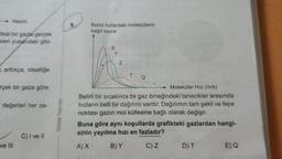 Hacim
Belirli hızlardaki moleküllerin
bağil sayısı
Seal bir gazle gerçek
kleri yukarıdaki gibi-
X
Y
Z
arttıkça, idealliğe
T
rçek bir gaza göre
değerleri her za-
Orbital Yayinlari
Moleküler Hız (m/s)
Belirli bir sıcaklıkta bir gaz örneğindeki tanecikler arasında
hızların belli bir dağılımı vardır. Dağılımın tam şekli ve tepe
noktası gazın mol kütlesine bağlı olarak değişir.
Buna göre aynı koşullarda grafikteki gazlardan hangi-
sinin yayılma hızı en fazladır?
AX B) Y c) Z D) T
E) Q
C) I ve II
ve III
