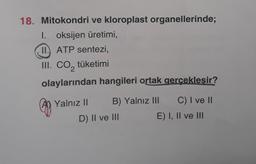 18. Mitokondri ve kloroplast organellerinde;
1. oksijen üretimi,
II. ATP sentezi,
III. CO, tüketimi
olaylarından hangileri ortak gerçekleşir?
Yalnız II
B) Yalnız III
C) I ve II
D) II ve III
E) I, II ve III