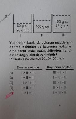 150 g su
45 g tuz
100 g su
60 g su
20 g tuz
1
II
III
Yukarıdaki kaplarda bulunan maddelerin
donma noktaları ve kaynama noktaları
arasındaki ilişki aşağıdakilerden hangi-
sinde doğru olarak verilmiştir?
(X tuzunun çözünürlüğü 30 g X/100 g su)
Donma noktası
A)
B)
C)
D)
E)
1>Il > III
1 = I1 = III
HIT > I > II
1 = III > II
Il > I = III
Kaynama noktası
ill > li >|
1 = Il = III
III > | > 11
I> 1 = III
1 = III > II
