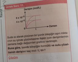 Raunt
Örnek Soru 11
Derişim (mol/L)
6x 10-3
4 x 10-3
→ Zaman
0
t
Suda isi alarak çözünen bir iyonik bileşiğin aşırı mikta-
rinin su içinde çözünmesine ilişkin iyon derişimlerinin
zamana bağlı değişimleri grafikte verilmiştir.
Buna göre, iyonik bileşiğin formülü ve sulu çözel-
tisinin derişimi kaç mol/L'dir?
Çözüm
900
