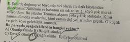 8. Şehirde doğmuş ve büyümüş biri olarak ilk defa köyümüze
gidecektim.
Annemin ve babamın sık sık anlattığı köyü çok merak
ediyordum. Bu yüzden Temmuz akşamı yola çıktık otobüsle. Kimi
zaman dümdüz ovalardan, kimi zaman dağ yollarından geçtik. O küçük
ve şirin köye gelebildik sonunda.
Bu parçada aşağıdakilerden hangisi yoktur?
A) Olumlu cümle B) Bileşik cümlel
C) Devrik cümle D) Bağlı cümle E) Eylem cümlesi
en cümlesi