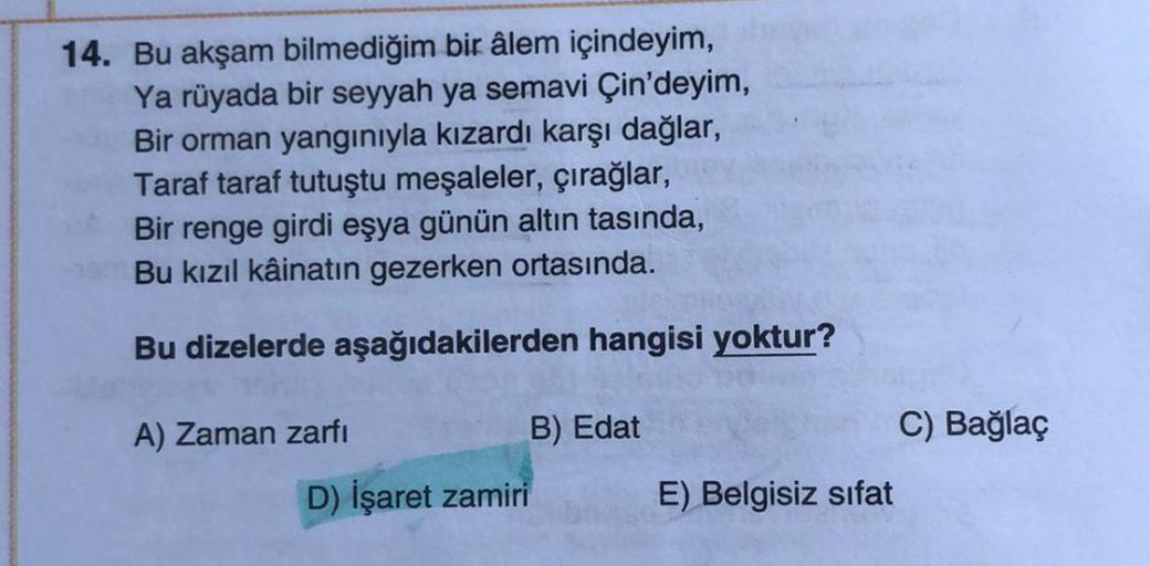 14. Bu akşam bilmediğim bir âlem içindeyim,
Ya rüyada bir seyyah ya semavi Çin'deyim,
Bir orman yangınıyla kızardı karşı dağlar,
Taraf taraf tutuştu meşaleler, çırağlar,
Bir renge girdi eşya günün altın tasında,
Bu kızıl kâinatın gezerken ortasında.
Bu diz