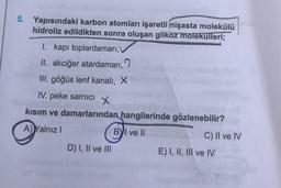 5. Yapısındaki karbon atomları işaretli nişasta molekülü
hidroliz edildikten sonra oluşan glikoz molekülleri;
I. kapı toplardamari,
II. akciğer atardamarı, 2
III. göğüs lenf kanalı, X
IV. peke sarnici
X
kısım ve damarlarından hangilerinde gözlenebilir?
A) Yalnız!
Byl ve II
C) II ve IV
D) I, II ve III
E) I, II, III ve IV