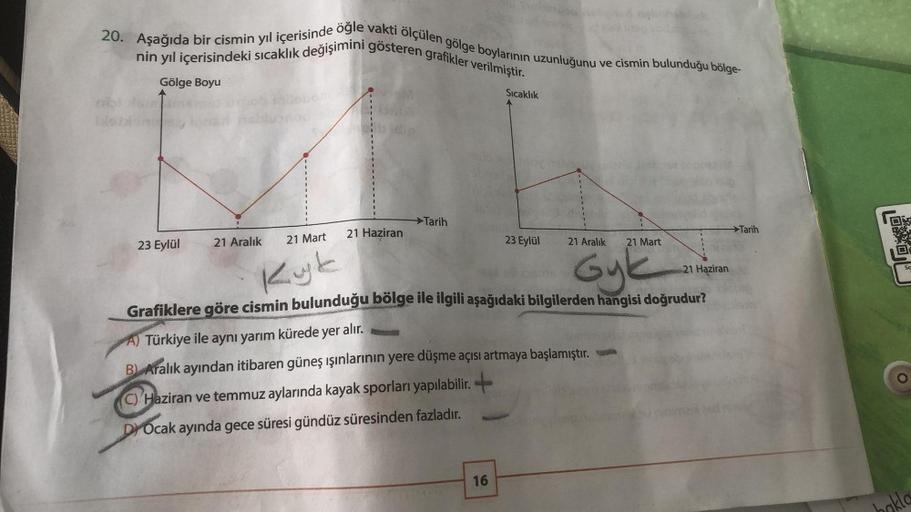 20. Aşağıda bir cismin yıl içerisinde öğle vakti ölçülen gölge boylarının uzunluğunu ve cismin bulunduğu bölge-
nin yıl içerisindeki sıcaklık değişimini gösteren grafikler verilmiştir.
Sıcaklık
Gölge Boyu
→Tarih
21 Haziran
→Tarih
21 Mart
21 Aralık
23 Eylül