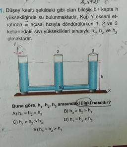 1. Düşey kesiti şekildeki gibi olan bileşik bir kapta h
yüksekliğinde su bulunmaktadır. Kap Y ekseni et-
rafında o açısal hızıyla döndürülürken 1, 2 ve 3
kollarındaki sıvı yükseklikleri sırasıyla hy, h, ve ha
olmaktadır.
y
2.
3
h
Su
x
2
=
Buna göre, hq, h,, h, arasındaki ilişki nasıldır?
A) h = h = ha B) h, > h2>n,
C) h, > h2>h D) h, = h, >
E) hz = h>h,
=