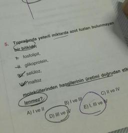 5. Toprağında yeterli miktarda azot tuzları bulunmayan
bir bitkide,
+ fosfolipit,
#. glikoprotein,
W. selüloz,
W. maltoz
C) Il ve IV
moleküllerinden hangilerinin üretimi doğrudan etk
lenmez?
B) I ve II
E) 1, III ve IV
A) I ve II
D) III ve W