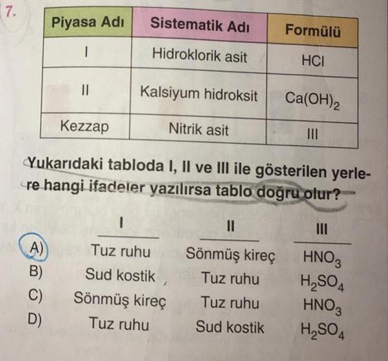 7.
Piyasa Adi
Sistematik Adi
Formülü
| |
Hidroklorik asit
HCI
=
Kalsiyum hidroksit
Ca(OH)2
Kezzap
Nitrik asit
III
Yukarıdaki tabloda I, II ve III ile gösterilen yerle-
re hangi ifadeler yazılırsa tablo doğru olur?
II
A)
B)
C)
D)
Sönmüş kireç
Tuz ruhu
Tuz r