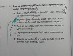 süreci
3.
İnsanda embriyonik gelişimle ilgili aşağıdaki yargila-
rindan hangileri yanlıştır?
A) Segmentasyon evresinde hücreler, besin ihtiyacını
sitoplazmalarından karşılar.
B) Segmentasyon evresinde zigot, çok hızlı mayoz
bölünme geçirerek çok sayıda blastomer oluşturur.
C) Gastrula evresinde, hücre farklılaşmasıyla üç embri-
yonik tabaka oluşur.
D) Organogenez evresinde, farklı doku ve organlar olu-
şur.
E) Blastula evresinde, içi sivi dolu boşluğa sahip top
şeklinde hücre topluluğu oluşur.