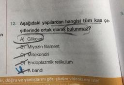 3
12. Aşağıdaki yapılardan hangisi tüm kas çe-
şitlerinde ortak olarak bulunmaz?
n
A) Glikojen
B) Miyozin filament
C) Mitokondri
B Endoplazmik retikulum
A bandi
ir, doğru ve yanlışlarını gör, çözüm videolarını izle!
