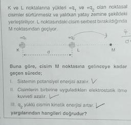 K ve L noktalarına yükleri +9, ve +q, olan noktasal
cisimler sürtünmesiz ve yalıtkan yatay zemine şekildeki
yerleştiriliyor. L noktasındaki cisim serbest bırakıldığında
M noktasından geçiyor.
q
+01
2
d
K
L
M
Buna göre, cisim M noktasına gelinceye kadar
geçen sürede;
L Sistemin potansiyel enerjisi azalır. V
II. Cisimlerin birbirine uyguladıkları elektrostatik itme
kuvveti azalır. V
4, yüklü cismin kinetik enerjisi artar.
yargılarından hangileri doğrudur?
