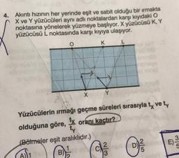 4. Akıntı hızının her yerinde eşit ve sabit olduğu bir ırmakta
X ve Y yüzücüleri aynı adli noktalardan karşı kıyıdaki O
noktasına yönelerek yüzmeye başlıyor. X yüzücüsü K, Y
yüzücüsü L noktasında karşı kıyıya ulaşıyor.
o
K
X
Y
Yüzücülerin ırmağı geçme süreleri sırasıyla ty vety
olduğuna göre,
tx
oranı kactır?
ty
(Bölmeler eşit aralıklıdır.)
1
2
B)
(D)
E)
3
0
2
E
ON