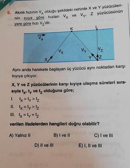 X
5. Akıntı hızının Va olduğu şekildeki nehirde X ve Y yüzücüleri-
nin suya göre hızları vx ve Vy, z yüzücüsünün
yere göre hızı Vz'dir.
V
Nx
Vy
Vz
Aynı anda harekete başlayan üç yüzücü aynı noktadan karşı
kıyıya çıkıyor.
X, Y ve Z yüzücülerinin karşı kıyıya ulaşma süreleri sıra-
sıyla ty, ty ve tz olduğuna göre;
1. tx>ty>tz
II. ty = ty >tz
III. tx = ty = tz
verilen ifadelerden hangileri doğru olabilir?
A) Yalnız II
B) I ve II
C) I ve III
D) II ve III
E) I, II ve III
