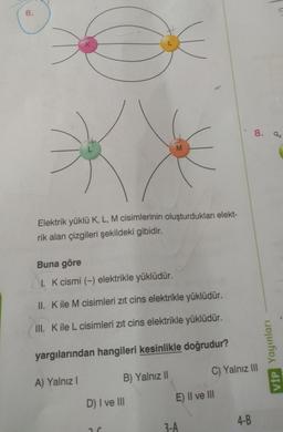 6.
8. ax
M
Elektrik yüklü K, L, M cisimlerinin oluşturdukları elekt-
rik alan çizgileri şekildeki gibidir.
Buna göre
I. K cismi (-) elektrikle yüklüdür.
II. Kile M cisimleri zıt cins elektrikle yüklüdür.
III. Kile L cisimleri zıt cins elektrikle yüklüdür.
yargılarından hangileri kesinlikle doğrudur?
VİP Yayınları
C) Yalnız 111
B) Yalnız 11
A) Yalnız!
D) I ve III
E) Il ve III
4-B
3-A
