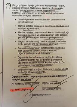 •
15) Bir grup öğrenci proje çalışması kapsamında "Işığın,
patates bitkisinin filizlenmesi üzerinde olumlu etkisi
vardır." görüşünü ileri sürerek araştırmaya
başlıyor. Öğrencilerin bu amaçla yaptığı çalışmaların
aşamaları aşağıda verilmiştir.
• 10 adet patates alınarak her biri uzunlamasına
ikiye kesilmiştir.
Her bir patates parçasının üzerindeki göz bölgeleri
sayılıp kaydedilmiştir.
Her bir patates parçasının alt kısmı, islatılmış kağıt
havlulara sarılmış ve kesik kısımları üste gelecek
şekilde şeffaf naylon torbalara yerleştirilmiştir.
• Naylon torbaların ağızları kapatılarak üzerlerine
toplu iğneyle eşit sayıda delik açılmıştır.
Bu şekilde hazırlanan patateslerden yarısı ışık
alan yarısı da karanlık ortama konulup
diğer koşullar özdeş tutulmuştur.
Öğrenciler bir hafta sonra naylon torbaların
ağızlarını açarak her bir patates parçasının
üzerindeki filizleri sayarak kaydetmişlerdir. Bu
çalışmayr üç kez tekrarlamışlardır.
• Bulgularına göre ışığın, filizlenmeyi olumlu yönde
etkilediğini kaydetmişlerdir.
Öğrencilerin bu proje çalışmasında aşağıdakilerin
hangisi yer almaz?
A) kontrollü deney yapma
B) Gözlem yapma
C) Teori oluşturma
D) Çıkarım yapma
yabore
E) Hipotez oluşturma
G
