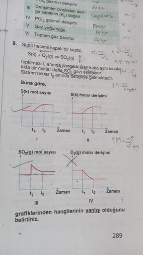 gazının derişimi
Derişimler cinsinden den-
ge sabitinin (K.) değeri
IV PClgazının derişimi
v
Gaz yoğunluğu
VI Toplam gaz basıncı
H-
Arta
Degsmez
Artan
Artr
Artar
8. Sabit hacimli kapalı bir kapta,
S(k) + O2(g)
SO2(g) 1
tepkimesit, anında dengede iken kaba