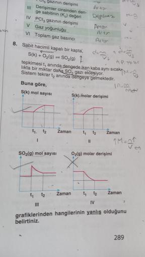 gazının derişimi
Derişimler cinsinden den-
ge sabitinin (K.) değeri
IV PClgazının derişimi
v
Gaz yoğunluğu
VI Toplam gaz basıncı
H-
Arta
Degsmez
Artan
Artr
Artar
8. Sabit hacimli kapalı bir kapta,
S(k) + O2(g)
SO2(g) 1
tepkimesit, anında dengede iken kaba 