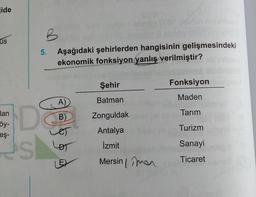 ide
B
us
5.
Aşağıdaki şehirlerden hangisinin gelişmesindeki
ekonomik fonksiyon yanlış verilmiştir?
Şehir
Fonksiyon
Maden
Batman
lan
Tarım
Zonguldak
(A
B)
ET
öy-
eş-
De
es
Antalya
Turizm
Lor
İzmit
Sanayi
LE
Ticaret
Mersin ma
