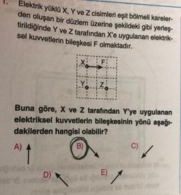 Elektrik yüklü X, Y ve Z cisimleri eşit bölmeli kareler-
den oluşan bir düzlem üzerine şekildeki gibi yerleş-
tirildiğinde Y ve Z tarafından X'e uygulanan elektrik-
sel kuvvetlerin bileşkesi F olmaktadır.
xi FT
Y Z
Buna göre, X ve z tarafından Y'ye uygulanan
elektriksel kuvvetlerin bileşkesinin yönü aşağı-
dakilerden hangisi olabilir?
A)
B)
C)
✓
bio
D)
E)