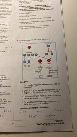 Skinlik etkileşimine
7 canli her iki alelin
La canlıda her iki
inantlik etkileşimine
ur fakat alellerden
bir protein
adece protein
dırdığımız alelin
aki alellerin ikisi de
da protein üretilir
ayat bu proteinin
al alelin
olacaktır.
Bazı özellikler bir canlının yaşamı bo
diğer bazı özellikler ise yaşam boyunca
sergilenmeyebilir.
Buna göre, aşağıdaki özelliklerden hangisinin bir
ekosistemden rastgele seçilen bir hayvanın tüm
yaşam döngüsü boyunca sergilediği canlılık
özelliklerinden biri olacağı kesin olarak söylenebilir?
A) Kendini çoğaltma
B) Genetik bilgiyi kullanma
C) Gelişmiş sinir sistemi ile iç ortamını düzenleme
mi bulunan iki
le fenotipi
el protein bulunur.
D) Besin ihtiyacını karşılamak için yaşam alanında aktif
olarak yer değiştirme
E) Kimyasal bağ enerjisi kullanarak inorganik
maddelerden organik besinlerini üretme
- karakter için
tein üretiliyor ise,
tarafından
in değişimler bazi
hip olabilir.
tüm aleller
sahiptir.
20. Bal arısı popülasyonunun üreme olayları aşağıda
görülmektedir.
Erkek ari
Kraliçe ari
n
2n
C) II ve III
Il ve IV
Paraf Yayinlari
Spermler
Yumurtalar
n
n
n
n
n
n
2n
2n
n
n
Zigot
Zigot
Erkek Erkek
ari ari
(n) (n)
Dişi larva
(2n)
Polen ile
beslenme
Dişi larva
(2n)
Ari sütü ile
beslenme
İşçi ari
(kisir)
Kraliçe ari
(verimli)
imi olan
<hücre içi
olduğu için tek
dir.
gini
etkileşebilmesi
Buna göre,
1. Dişi gametler mayoz ile, erkek gametler mitoz ile
oluşturulur.
imyasal
apısının büyük
II. Erkek arı oluşumu haploit partenogeneze, dişi arı
oluşumu diploit partenogeneze örnek oluşturur.
III. Dişi larvaların kraliçe ya da işçi arıları oluşturması
kalıtsal varyasyona örnek oluşturur.
leri ayni
Thücreler farklı
şturabilir.
niştir?
C) II ve III
IV. Bal arısı topluluklarında bireyin kromozom takımı
sayısı bilinirse cinsiyeti bilinebilir.
yorumlarından hangileri yapılabilir?
A) I ve II
B) I ve IV
C) Il ve III
e IV
D) III ve IV
E) I, III ve IV
31
TEST BİTTİ.
CEVAPLARINIZI KONTROL EDİNİZ.