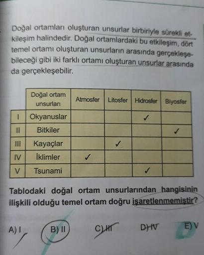 Doğal ortamları oluşturan unsurlar birbiriyle sürekli et-
kileşim halindedir. Doğal ortamlardaki bu etkileşim, dört
temel ortamı oluşturan unsurların arasında gerçekleşe-
bileceği gibi iki farklı ortamı oluşturan unsurlar arasında
da gerçekleşebilir.
Doğal