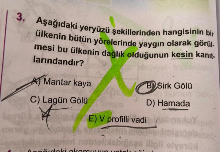 3. Aşağıdaki yeryüzü şekillerinden hangisinin bir
ülkenin bütün yörelerinde yaygın olarak görül.
mesi bu ülkenin dağlık olduğunun kesin kanıt-
larındandır?
AJ Mantar kaya
BSirk Gölü
C) Lagün Gölü
D) Hamada
E) V profilli vadi
milogosce
orar nabellsboses ili