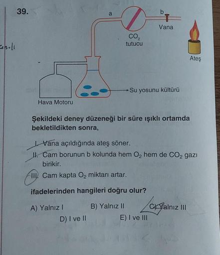 39.
o
Vana
CO2
holl
tutucu
Ateş
Su yosunu kültürü
Hava Motoru
Şekildeki deney düzeneği bir süre işıklı ortamda
bekletildikten sonra,
I. Vana açıldığında ateş söner.
II. Cam borunun b kolunda hem O2 hem de CO2 gazı
birikir.
III
. Cam kapta Oz miktarı artar.