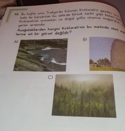 Ismi
15. Bu hafta sonu Trakya'da bulunan Kırklareli'ni gezdim.
kale ile karıştırılan bu şehirde birçok tarihî yapi bizleri
Kırklareli'nin ormanları ve doğal yolla oluşmuş mağara Doki
yerler arasında
Aşağıdakilerden hangisi Kırklareli'nin bu metinde sözü
lerine ait bir görsel değildir?
A)
B)
C)
