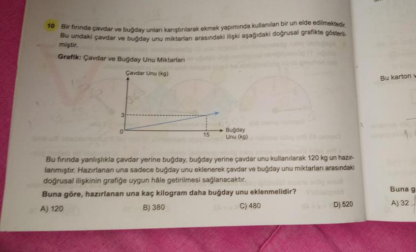 10 Bir firında çavdar ve buğday unları karıştırılarak ekmek yapırnında kullanılan bir un elde edilmektedir
Bu undaki çavdar ve buğday unu miktarları arasındaki ilişki aşağıdaki doğrusal grafikte gösteril-
miştir.
Grafik: Çavdar ve Buğday Unu Miktarları
Çav