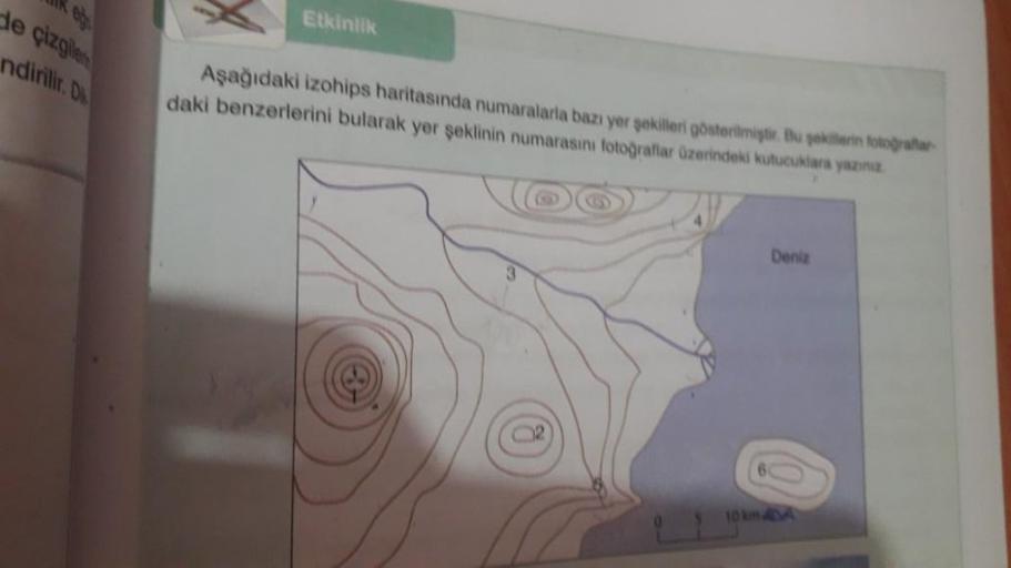 Etkinlik
de çizgiler
ndirilir. Du
Aşağıdaki izohips haritasında numaralarla bazı yer şekilleri gösterilmiştir. Bu paketlerin fotografer
daki benzerlerini bularak yer şeklinin numarasını fotograflar üzerindeki kutucuklara yazına
Denia
10m