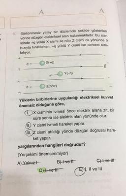 A
A
6.
Sürtünmesiz yatay bir düzlemde şekilde gösterilen
yönde düzgün elektriksel alan bulunmaktadır. Bu alan
içinde +q yüklü X cismi ile nötr Z cismi ok yönünde 6
hızıyla fırlatılırken, -9 yüklü Y cismi ise serbest bıra.
kılıyor.
X(+9)
0 <
my
Y(-9)
Z(nötr)
+
Yüklerin birbirlerine uyguladığı elektriksel kuvvet
önemsiz olduğuna göre,
1.X cisminin ivmesi önce elektrik alana zit, bir
süre sonra ise elektrik alan yönünde olur.
(11.) Y cismi ivmeli hareket yapar.
III. Z cismi atıldığı yönde düzgün doğrusal hare-
ket yapar.
yargılarından hangileri doğrudur?
(Yerçekimi önemsenmiyor)
A) Yalnız!
B) vett
C) Ive it
DH ve tit E), II ve III
