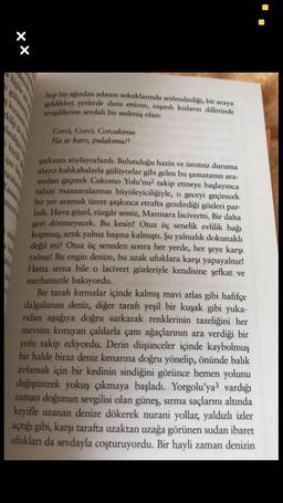 XX
hep bir ağızdan adanın sokaklarında seslendirdigi, bir araya
geldikleri yerlerde dans ettiren, nişanlı kızların dillerinde
sevgililerine sevdalı bir sesleniş olan:
Corci, Corci, Corcakimu
Na se haro, pulakimu!!
sarkısını söylüyorlardı. Bulunduğu hazin ve ümitsiz duruma
alaycı kahkahalarla gülüyorlar gibi gelen bu şamatanın ara-
sından geçerek Cakomo Yolu'nu2 takip etmeye başlayınca
tabiat manzaralarının büyüleyiciliğiyle, o geceyi geçirecek
bir yer aramak üzere şaşkınca etrafta gezdirdiği gözleri par-
ladı. Hava güzel, rüzgâr sessiz, Marmara lacivertti. Bir daha
geri dönmeyecek. Bu kesin! Otuz üç senelik evlilik bağı
kopmuş, artık yalnız başına kalmıştı. Şu yalnızlık dokunaklı
değil mi? Otuz üç seneden sonra her yerde, her şeye karşı
yalnız! Bu engin denize, bu uzak ufuklara karşı yapayalnız!
Hatta sema bile o lacivert gözleriyle kendisine şefkat ve
merhametle bakıyordu.
Bir tarafı kırmalar içinde kalmış mavi atlas gibi hafifçe
dalgalanan deniz, diğer tarafı yeşil bir kuşak gibi yuka-
ridan aşağıya doğru sarkarak renklerinin tazeliğini her
mevsim koruyan çalılarla çam ağaçlarının ara verdiği bir
yolu takip ediyordu. Derin düşünceler içinde kaybolmuş
bir halde biraz deniz kenarına doğru yönelip, önünde balık
avlamak için bir kedinin sindiğini görünce hemen yolunu
değiştirerek yokuş çıkmaya başladı. Yorgolu'ya3 vardığı
zaman doğunun sevgilisi olan güneş, sırma saçlarını altında
keyifle uzanan denize dökerek nurani yollar, yaldızlı izler
açtığı gibi, karşı tarafta uzaktan uzağa görünen sudan ibaret
ufukları da sevdayla coşturuyordu. Bir hayli zaman denizin