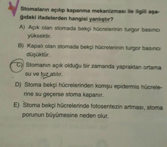 404 Stomaların açılıp kapanma mekanizması ile ilgili aşa-
gidaki ifadelerden hangisi yanlıştır?
A) Açık olan stomada bekçi hücrelerinin turgor basıncı
yüksektir.
B) Kapalı olan stomada bekçi hücrelerinin turgor basıncı
düşüktür.
C) Stomanın açık olduğu bir