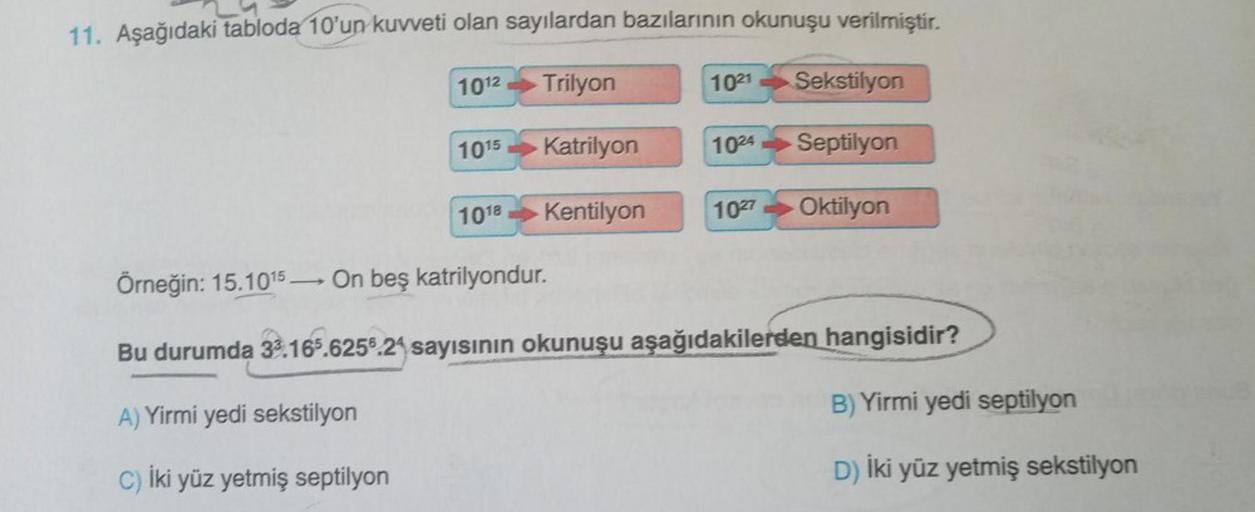 11. Aşağıdaki tabloda 10'un kuvveti olan sayılardan bazılarının okunuşu verilmiştir.
1012
Trilyon
1021
Sekstilyon
1015
Katrilyon
1024
Septilyon
1018
Kentilyon
1027
Oktilyon
Örneğin: 15.1015 — On beş katrilyondur.
Bu durumda 33.165.6256.24 sayısının okunuşu