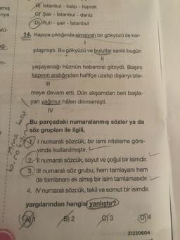 amış
riya
B) İstanbul - kalıp - toprak
C) Şair - İstanbul - deniz
D) Ruh - şair - İstanbul
stü
ağ-
14. Kapıya çıktığında simsiyah bir gökyüzü ile kar-
1
şılaşmıştı. Bu gökyüzü ve bulutlar sanki bugün
II
yaşayacağı hüznün habercisi gibiydi. Başını
kapinin a