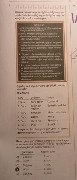 8.
9.
Okulda yapılan kimya ile ilgili bir bilgi yarışma-
sinda finale kalan Çağatay ve Hülya'ya sirası ile
aşağıdaki sorular sorulmuştur.
U
SORULAR
1. Aristo'nun element tanımına göre oksijen gazı
hangi özelliklere sahiptir?
2. Alkolü antiseptik olarak tipta kullanan ve
damitma ile karıncalardan formik asiti elde
eden simyacı kimdir?
3. Maddenin atom ve molekül yapısı, kimyasal
özelliği, farklı maddelerle etkileşimi gibi konu-
larda laboratuvar çalışmaları yapan kişilerin
mesleği nedir?
4. "Titrasyon işlemlerinde titre edilecek sivinin
bulunduğu laboratuvar malzemesine büret
denir." ifadesinin doğru veya yanlış olduğunu
belirtiniz
5. Pb, Hg ve Na elementlerinden insan sağlığı
ve çevre için zararlı olanlar hangileridir?
6. "Sivilar pipetle aktarılırken mutlaka ..........
kullanılmalı kesinlikle ağızla çekilmemelidir."
cümlesindeki boşluğu uygun kelime ile
doldurunuz.
Çağatay ve Hülya sorulara aşağıdaki cevapları
vermiştir.
CEVAPLAR
Soru Çağatay Hülya
1. Soru Kuru-soğuk Kuru-sicak
2. Soru Câbir bin Ebubekir er-Râzi
Hayyan
3. Soru Kimyager Kimya mühendisi
4. Soru Doğru
5. Soru Pb ve Na
Pb ve Hg
6. Soru Puar
Spatul
Yarışmanın kuralına göre üst üste iki soruyu
doğru cevaplayan kişi şampiyon olacaktır.
Yanlış
Buna göre yarışmanın şampiyonu ve kaçıncı
soru sonunda şampiyon olduğu aşağıdakiler-
den hangisinde doğru verilmiştir?
Şampiyon Kaçıncı soru
A) Çağatay
2. soru
B) Hülya
3. soru
Çağatay
4. soru
Hülya
5. soru
E) Çağatay
6. soru
