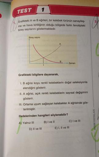 1
TEST
Grafikteki A ve B eğrileri, bir kelebek türünün sanayileş-
me ve hava kirliliğinin olduğu bölgede farklı fenotipteki
birey sayılarını göstermektedir.
Birey sayisi
B
Zaman
t
Grafikteki bilgilere dayanarak,
I. B eğrisi koyu renkli kelebeklerin doğal s