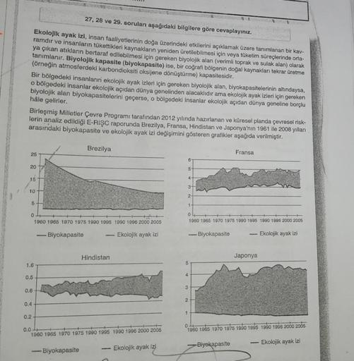 27, 28 ve 29. soruları aşağıdaki bilgilere göre cevaplayınız.
Ekolojik ayak izi, insan faaliyetlerinin doğa üzerindeki etkilerini açıklamak üzere tanımlanan bir kav-
ramdır ve insanların tükettikleri kaynakların yeniden üretilebilmesi için veya tüketim sür