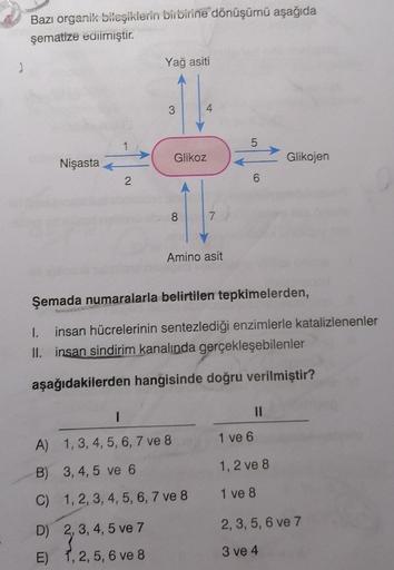 Bazı organik bileşiklerin birbirine dönüşümü aşağıda
şematize edilmiştir.
Yağ asiti
3
4
5
On
Glikoz
Glikojen
Nişasta
2
6
00
8
7
Amino asit
Şemada numaralarla belirtilen tepkimelerden,
1. insan hücrelerinin sentezlediği enzimlerle katalizlenenler
II. insan 