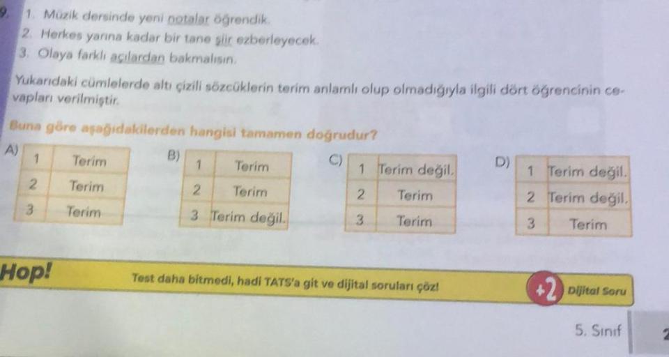 1. Müzik dersinde yeni notalar öğrendik.
2. Herkes yarına kadar bir tane slir ezberleyecek
3. Olaya farklı acılardan bakmalısın
Yukarıdaki cümlelerde altı çizili sözcüklerin terim anlamlı olup olmadığıyla ilgili dört öğrencinin ce
vapları verilmiştir.
Buna