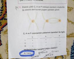 ÇAPITI.JIIVIT
U. ULICI
$10.
10. Elektrik yüklü Ç, A ve P noktasal cisimlerin oluşturdu-
ğu elektrik alan kuvvet çizgileri şekildeki gibidir.
A
Ç, A ve P cisimlerinin yüklerinin işaretleri ile ilgili,
A
P.
ç
+
1.
+
+
II.
III.
+
verilenlerinden hangileri doğru olabilir?
A) Yalnız
C) I ve II
B) Yalnız III
E) TI ve III
D) I ve III