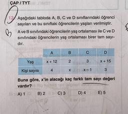 ÇAP/TYT
B
12 Aşağıdaki tabloda A, B, C ve D sınıflarındaki öğrenci
sayıları ve bu sınıftaki öğrencilerin yaşları verilmiştir.
Ave B sınıfındaki öğrencilerin yaş ortalaması ile C ve D
sınıfındaki öğrencilerin yaş ortalaması birer tam sayı-
dır.
A
B
C
D
Yaş
X + 12
2
3
X + 15
Kişi sayısı
4
X
X-1
3
Buna göre, x'in alacağı kaç farklı tam sayı değeri
vardır?
A) 1 B) 2 C) 3 D) 4 E) 5