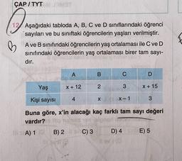 ÇAP/TYT
B
12 Aşağıdaki tabloda A, B, C ve D sınıflarındaki öğrenci
sayıları ve bu sınıftaki öğrencilerin yaşları verilmiştir.
Ave B sınıfındaki öğrencilerin yaş ortalaması ile C ve D
sınıfındaki öğrencilerin yaş ortalaması birer tam sayı-
dır.
A
B
C
D
Yaş
X + 12
2
3
X + 15
Kişi sayısı
4
X
X-1
3
Buna göre, x'in alacağı kaç farklı tam sayı değeri
vardır?
A) 1 B) 2 C) 3 D) 4 E) 5
