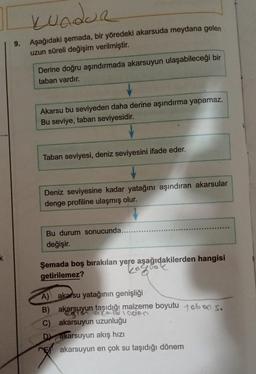 Kuador
9.
Aşağıdaki şemada, bir yöredeki akarsuda meydana gelen
uzun süreli değişim verilmiştir.
Derine doğru aşındırmada akarsuyun ulaşabileceği bir
taban vardır.
Akarsu bu seviyeden daha derine aşındırma yapamaz.
Bu seviye, taban seviyesidir.
Taban seviy
