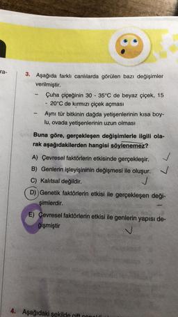 ra-
3. Aşağıda farklı canlılarda görülen bazı değişimler
verilmiştir.
Çuha Çiçeğinin 30 - 35°C de beyaz çiçek, 15
- 20°C de kırmızı çiçek açması
Aynı tür bitkinin dağda yetişenlerinin kısa boy-
lu, ovada yetişenlerinin uzun olması
Buna göre, gerçekleşen değişimlerle ilgili ola-
rak aşağıdakilerden hangisi söylenemez?
A) Çevresel faktörlerin etkisinde gerçekleşir.
B) Genlerin işleyişininin değişmesi ile oluşur. V
C) Kalitsal değildir.
✓
D)) Genetik faktörlerin etkisi ile gerçekleşen deği-
simlerdir.
E) Çevresel faktörlerin etkisi ile genlerin yapısı de-
ğişmiştir
4. Aşağıdaki şekilde cift conoluli