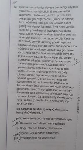 13. Normal zamanlarda, deveye benzettiği kayanın
yanından onun hörgücünü sıvazlamadan
geçmezdi. Dedesinin güdük kuyruklu atini
okşaması gibi okşardı onu. Şimdi ise sadece
elini değdirmiş, çok işim var, seninle sonra
görüşürüz demek istemişti. Eyer adını ve